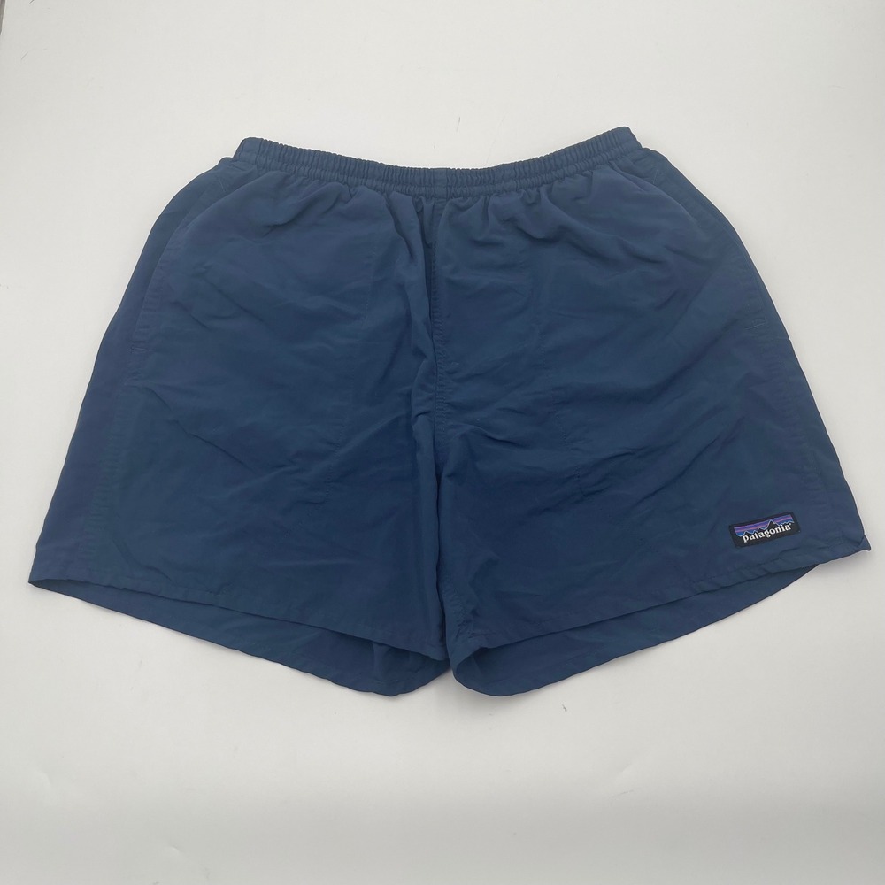 Patagonia Mens Medium Baggies Shorts Navy Blue Elastic Waist Swim Trunked Lined